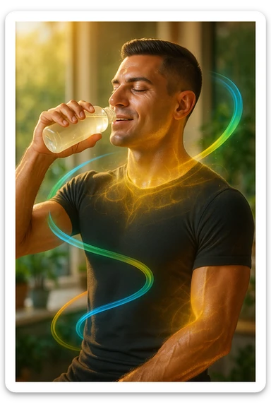 Athletic man around 30 years old, early morning, drinking a transparent electrolyte-rich beverage from a bottle. Body illuminated by natural golden light, with a light energetic aura around muscles symbolizing regeneration and recovery. Relaxed and vital expression, hydrated and glowing skin. Around him, light and colorful flows (blue, green, orange) represent electrolyte balance: sodium, potassium, magnesium. Natural environment or modern minimalist kitchen. Positive, clean, and invigorating atmosphere. Vertical 9:16 format. Inspired by the face in the reference photo. sticker