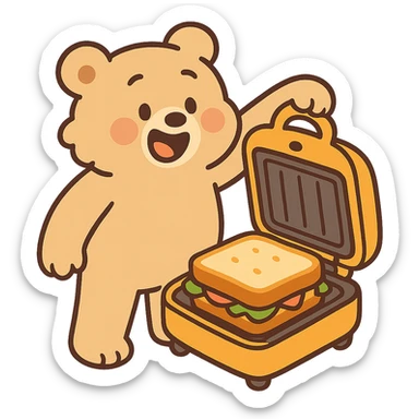 soft pastel creamy brown fluffy bear sandwich maker opening with a cute sandwich inside, full-body sticker