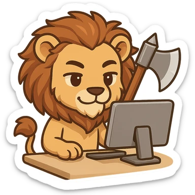 humanoid lion with an axe gamer sitting at a monitor, Telegram sticker style, modern, humorous sticker