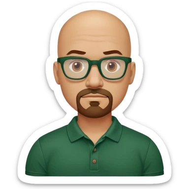 muscular bald man with a red chin goatee, wearing a dark green polo shirt and dark green glasses sticker