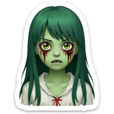 uma garota zumbi assustadora da pele verde e com cabelo preto longo com franja e a roupa branca sticker