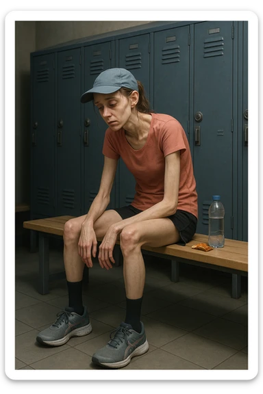 3D rendered scene: a woman in her 20s wearing running clothes sits on a bench in a locker room, looking exhausted and weak. Her face shows signs of fatigue, and her limbs appear thin and lacking muscle tone. A water bottle and a small, half-eaten snack are beside her, hinting at insufficient nutrition. The environment is realistic, with a focus on her physical and emotional state. sticker