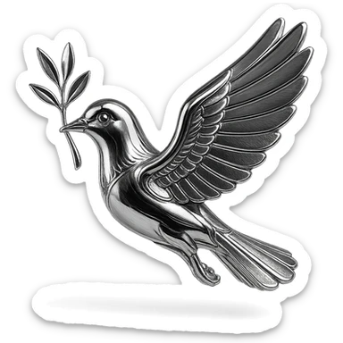 stylized chrome pigeon in flight, side view, holding a branch in its beak, polished and futuristic sticker