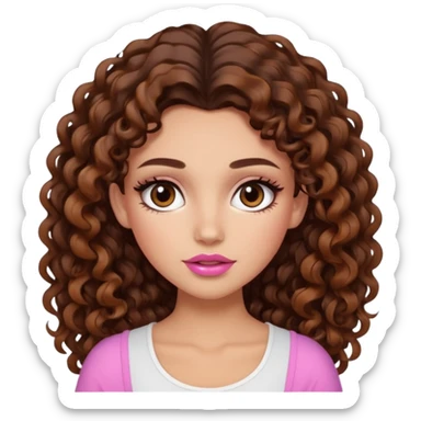 white girl with long voluminous dark brown curly hair with caramel highlights wearing a white top. Blush on the cheeks and big eyelashes and a brown-pink lip combo  sticker