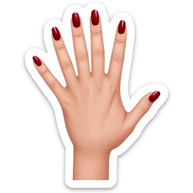 left hand of a woman with all five fingers painted in dark red nail polish, glossy finish, deep saturated red, smooth gradient, minimal details, clean and shiny
 sticker