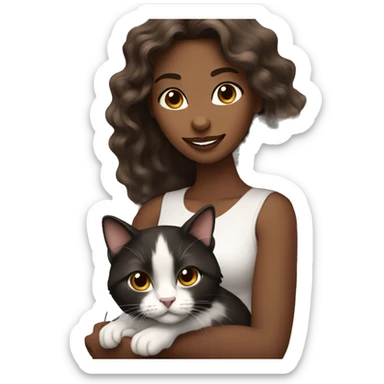 long wavy haired brown skin woman holding black and white cat sticker