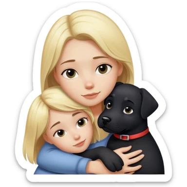 Black dog cuddling human girl with blonde hair sticker