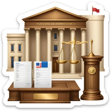 An icon featuring a ballot box with a voting paper, a government building with columns, and a scale of justice, symbolizing political science. The design includes a world map in the background, representing global political systems. Transparent background highlights governance and civic studies. sticker