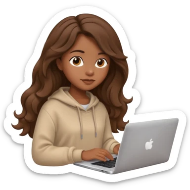 make a picture in ios 18 style of a girl with brown long wavy hair wearing cozy beige clothes and working on a laptop sticker