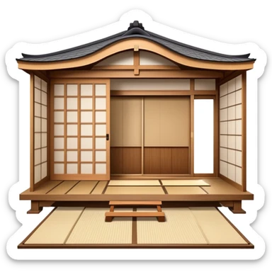 Traditional Japanese house with wooden structure, sliding shoji doors, tatami mats sticker