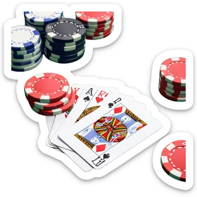 A photorealistic icon featuring playing cards and a stack of poker chips on a green felt table. Bright, detailed design with realistic textures and lighting. Transparent background, clearly symbolizing card games and strategy. sticker
