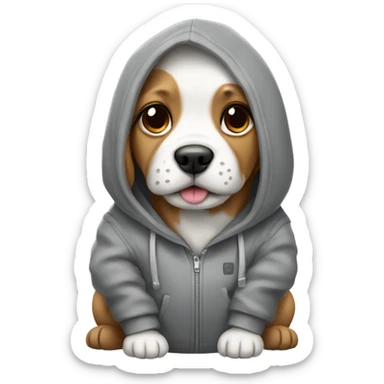 Dog wearing a grey hoodie with a backpack on sticker