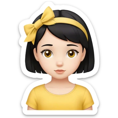little girl, with short black hair, a girl's hair accessory and a yellow blouse sticker