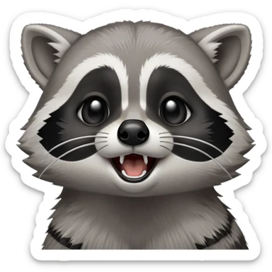 Cinematic-cute realistic- Yawning Raccoon-Portrait-Emoji – Poised and confident, wide-open yawn, revealing a soft grey with a sturdy build and a beautifully textured fur of silver-grey accented by dark black facial markings, deep-set, big black eyes, simplified yet sharp and sophisticated zoom out to show shoulders sticker