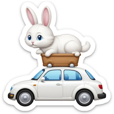 Please create a small emoji the size of 🚗 featuring a pure white cat with bunny tail with blue eyes on a white saloon car viewed from side. Again it is necessary that the emoji must be extremely small, much smaller than a standard sized sticker. sticker