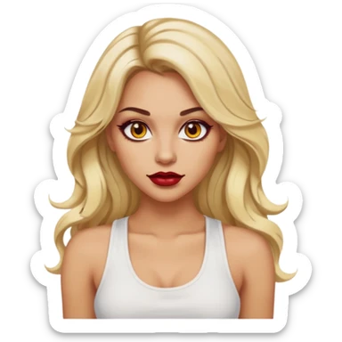 a woman with white tank top her hair is long wavy blonde hair, her face is baddie girl style, her eyes color are yellow and the color of her lip is red maroon sticker