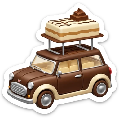 side view, miniature car sculpted from tiramisu, visible dessert layers, fun and edible look sticker