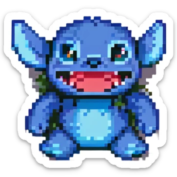 Stitch from Lilo & Stitch, pixel art style, sneaking, mischievous grin, low to the ground sticker