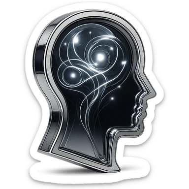 reflective chrome silhouette of a head with swirling energy and orbs inside, representing thought sticker