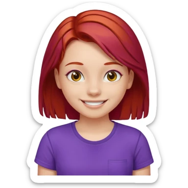 Young girl with red hair, wearing a purple T-shirt, with a smiling face sticker