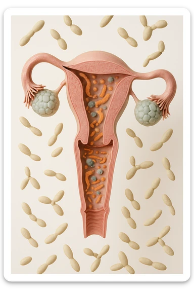 utero umano realistico con batteri della candida intorno, la foto si deve vedere per intero in formato verticale, sullo sfondo neutro chiaro ci sono batteri della candida, iperrealistico 4k sticker