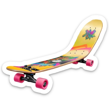 An icon featuring a skateboard resting on a smooth concrete surface. The background shows a sunny skate park with ramps, graffiti walls, and palm trees, creating an urban vibe. The skateboard is designed with vibrant colors and unique graphics. Transparent background  sticker