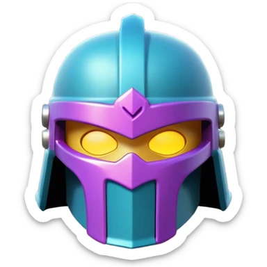 Clash of Clans aesthetic: Cinematic Playful 3D Isometric Helmet Emoji, rendered in a 3D vector-style similar to standard emojis with minimal shading and bold, simplified shapes. A compact, distinct form with signature details, softly glowing with a fantasy RPG magic charm. Simplified yet unmistakably iconic, highly detailed and consistent, glowing with a soft radiance and high shine. Stylized with a touch of heroic grandeur and a soft glowing outline, capturing the essence of a beloved gaming relic with a friendly, playful manner! sticker