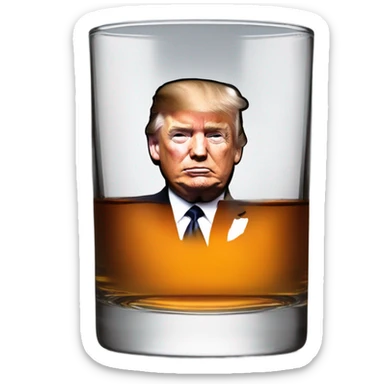 Whiskey glass with whiskey & an image of Donald Trumps face  sticker