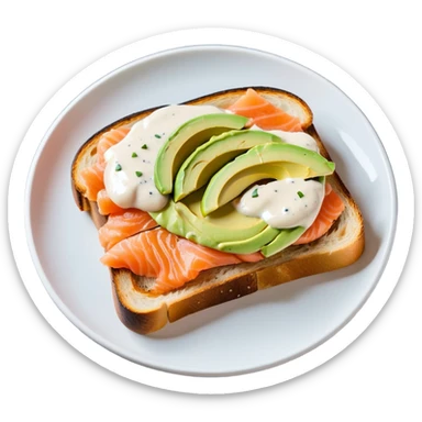 salmon open toast with white sauce and avocado sticker