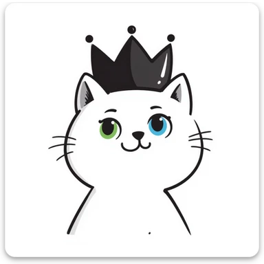 white cat with one green eye and one blue eye, wearing a princess crown, hand drawn doodle style sticker