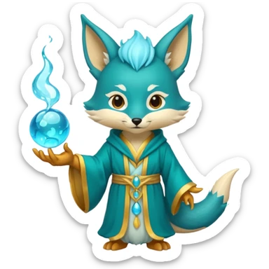 Chibi teal fox with gold mark on forehead, teal-gold robe, holding glowing blue water orbs, with a dragon tail on its backside with small antler horns on its head sticker