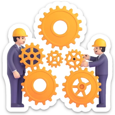 three figures connecting gears teamwork and information sticker