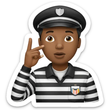 A black calm referee with striped shirt, wearing a cap while blowing a whistle, pointing clearly toward the field. sticker