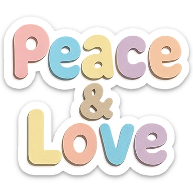 Kawaii cute font "Peace & Love" in soft pastel rainbow rounded bold letters, no border, transparent background sticker