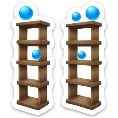 tall wooden shelves with blue orb prophecies sticker