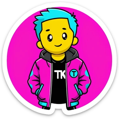 Minimalist sticker with white 'tt' letters on a black circle with cyan, magenta, and yellow dots below, jacket with street style influence sticker