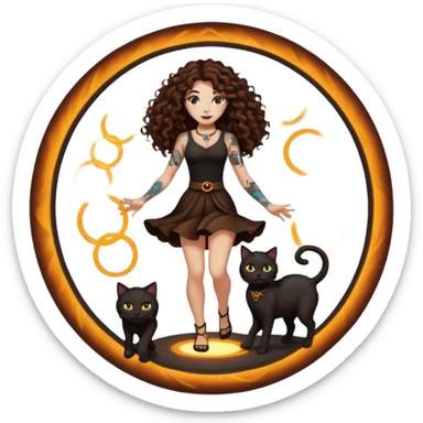 woman with long curly brown hair, brown eyes, white skin, tattoos, black cat stepping out of a glowing portal circle sticker