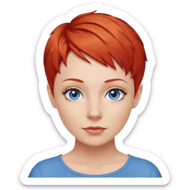 27 year old white woman, red hair, pixie cut, blue eyes sticker