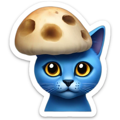 blue cat with big black eyes and a big mushroom on his head. sticker