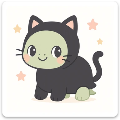 a tortoise wearing a full black cat costume, including whiskers and a tail, looking mischievous sticker