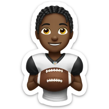 black boy with medium length braids holding a black and white round football  sticker