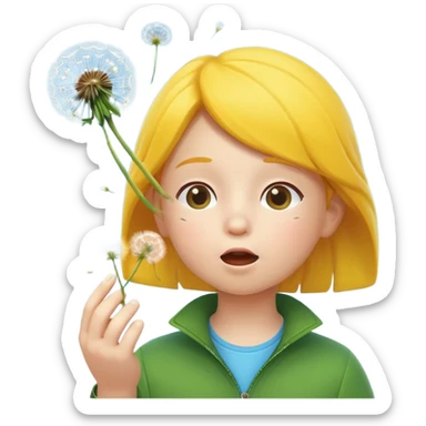 A 3D cartoon child blowing on a dandelion, seeds flying in the air, sunny garden background, realistic Memoji-style. sticker