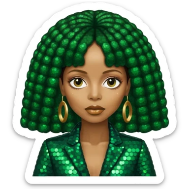 Erykah Badu with dark brown hair, dark green sequin outfit sticker