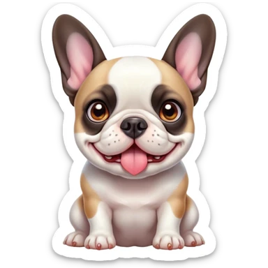 Cinematic Cute Pied French Bulldog Portrait Emoji, Head tilted with a sweet, mischievous grin and large, inviting eyes, featuring a unique pied fur of contrasting colors, simplified yet irresistibly endearing, highly detailed, glowing with a warm, playful radiance, high shine, exuding a quirky charm and affectionate personality, styled with a soft, lighthearted outline, capturing the essence of a cute Pied French Bulldog that looks ready to charm its way into your heart! sticker
