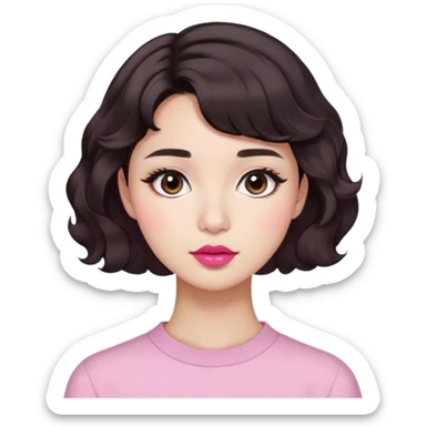 woman with short wavy dark brown hair, morena skin, round nose, soft dark pink lips, Pinterest aesthetic, Korean haircut sticker