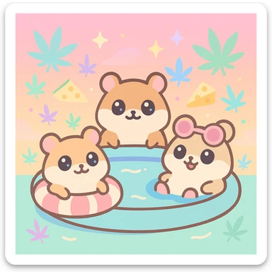 Discord server icon, square, super cute pool party at sunset with up to 3 hamsters, weed leaves, cheese, THC theme, no disco ball, vaporwave style, pastel neon colors, dreamy gradients, sparkles, nostalgic, fun, inviting, summer party vibe, clear composition sticker