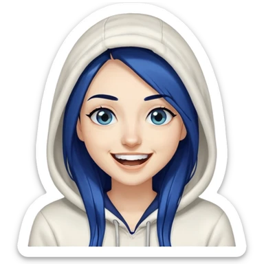 Laughing-long-straight-dark-blue-hair-blue-eyes-thick-black-eyeliner-really-think-long-eye-lashes-white-hooded-sweatshirt sticker