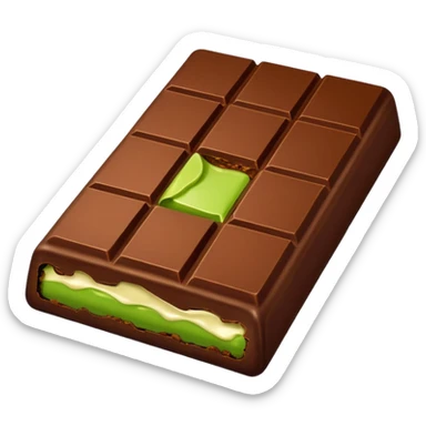 a half-eaten chocolate bar. chocolate filling - pistachio paste green sticker