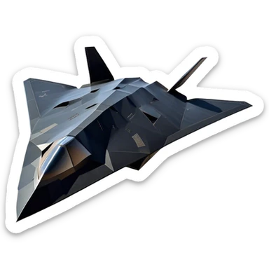 F-117 Nighthawk - Lockheed Martin (Stealth Grey) A futuristic stealth attack aircraft with a distinct faceted, angular design in a stealthy matte grey. Its sharp, jagged edges and unconventional, almost alien-like shape make it look like a shadow cutting through the night sky. The surface should appear non-reflective with subtle panel lines. sticker