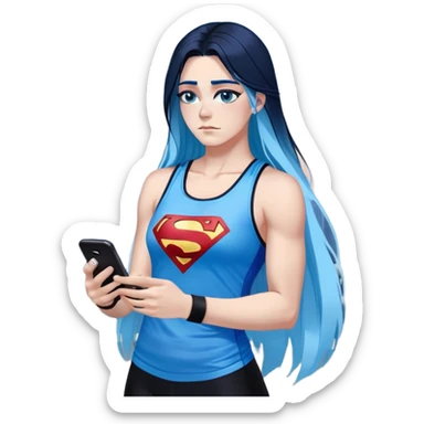 Shameful disappointed crying-very very very very big chest-texting on a samsung cell phone-very long straight flowing black to sky blue hair ombre-blue eyes-black eyeliner-long eyelashes-plastic sparkling sky blue very low cut tank top with sparkling superman logo-black leggings-nike sneakers sticker